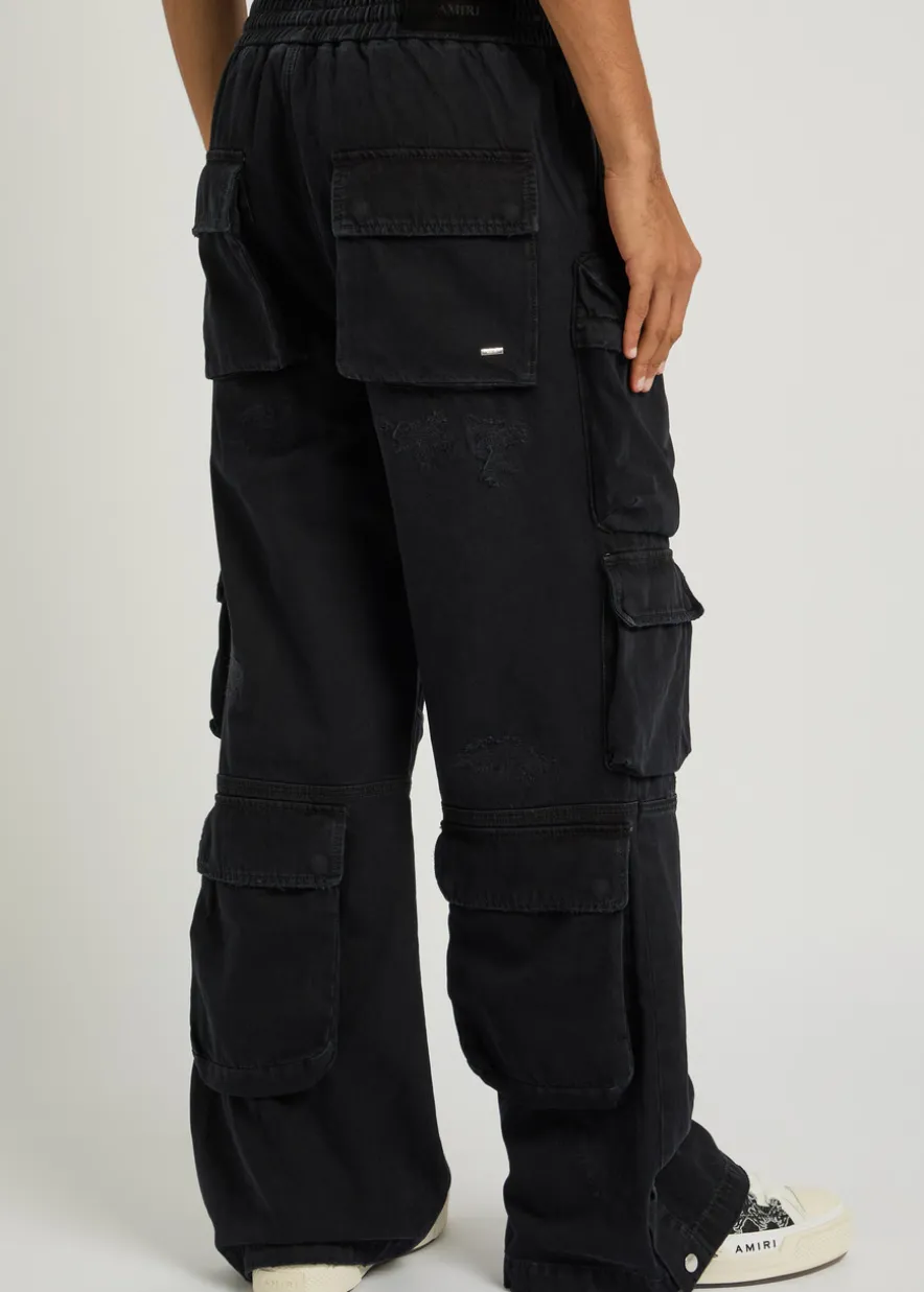 Distressed denim cargo trousers