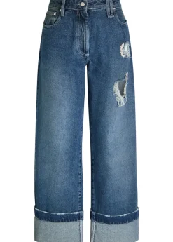 Distressed embellished straight-leg jeans