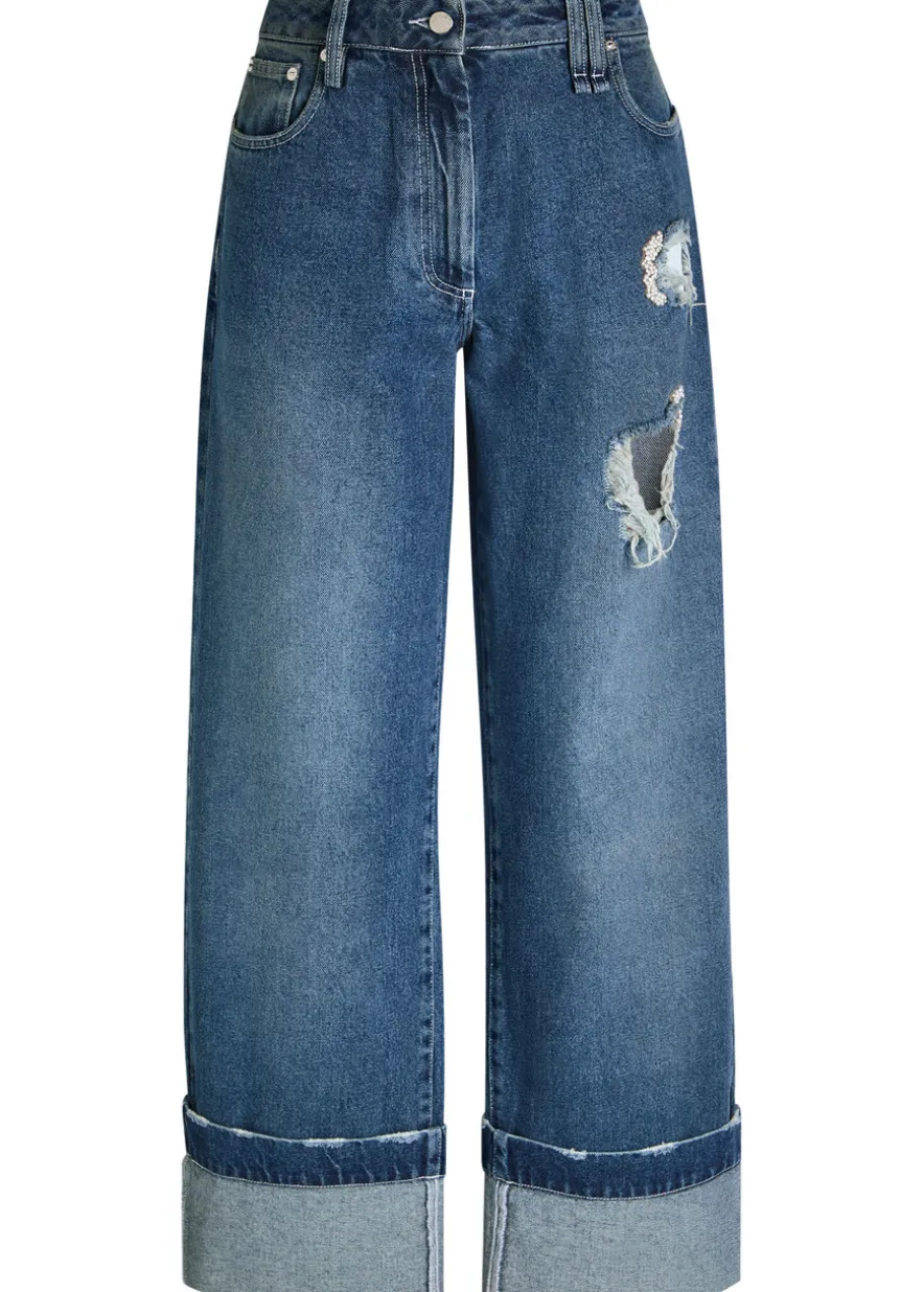 Distressed embellished straight-leg jeans