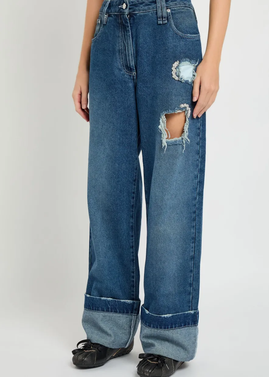 Distressed embellished straight-leg jeans