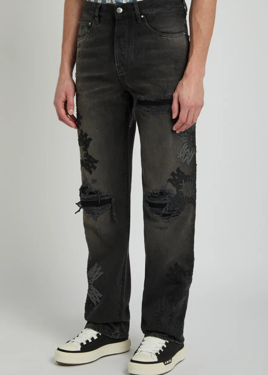 Distressed logo-appliquéd straight-leg jeans
