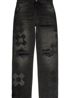 Distressed logo-appliquéd straight-leg jeans