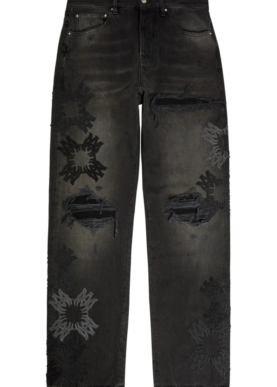 Distressed logo-appliquéd straight-leg jeans