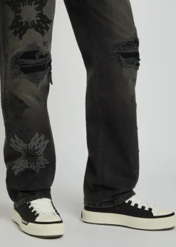Distressed logo-appliquéd straight-leg jeans