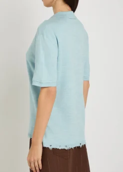Distressed silk-blend polo top