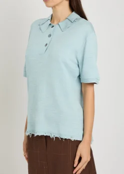 Distressed silk-blend polo top