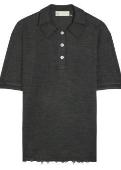 Distressed silk-blend polo top