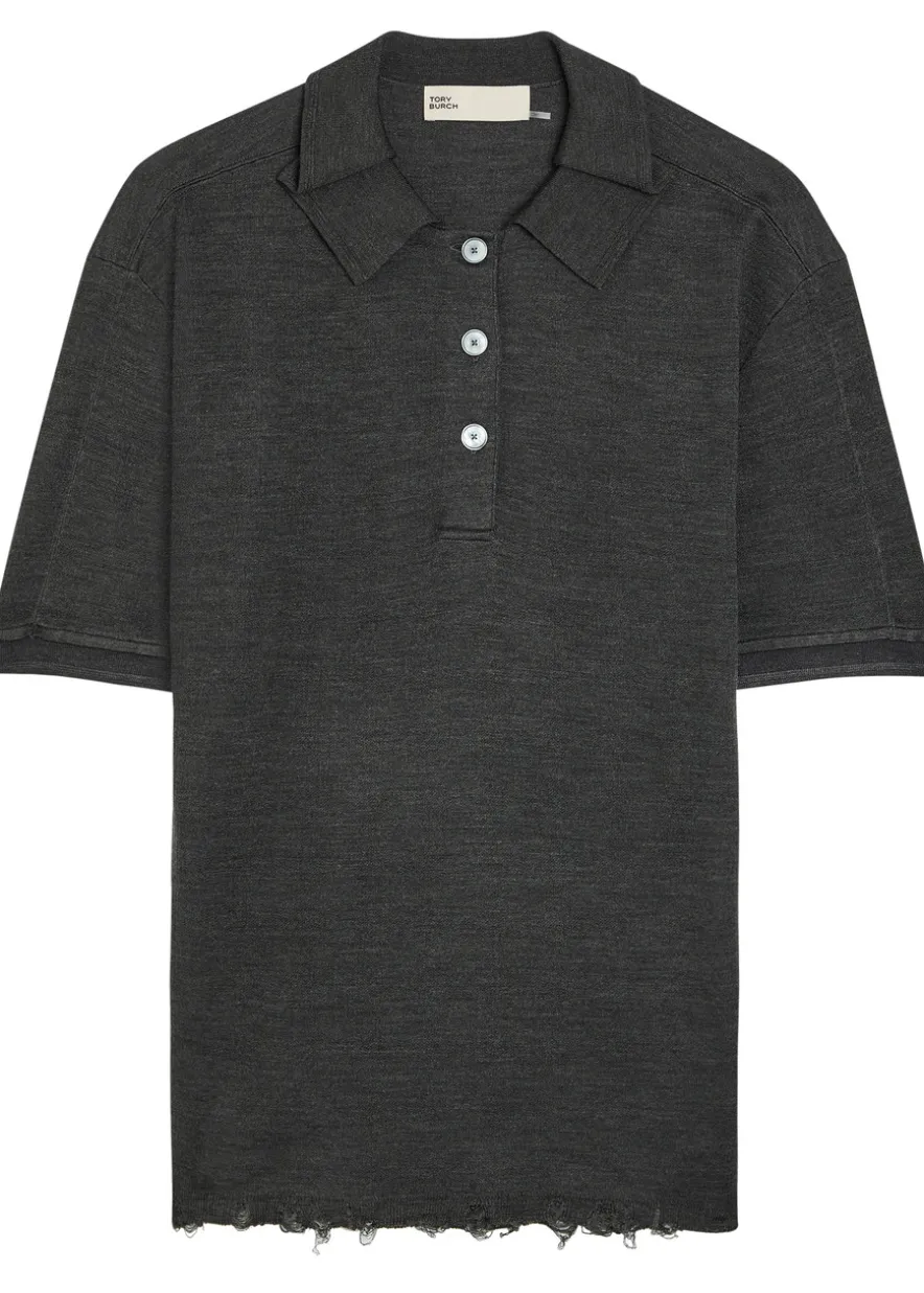 Distressed silk-blend polo top