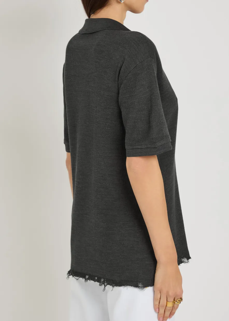 Distressed silk-blend polo top