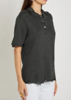 Distressed silk-blend polo top