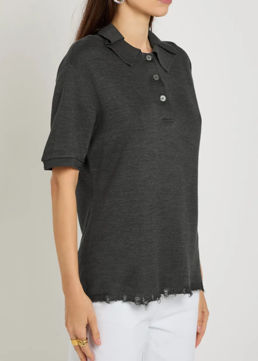 Distressed silk-blend polo top