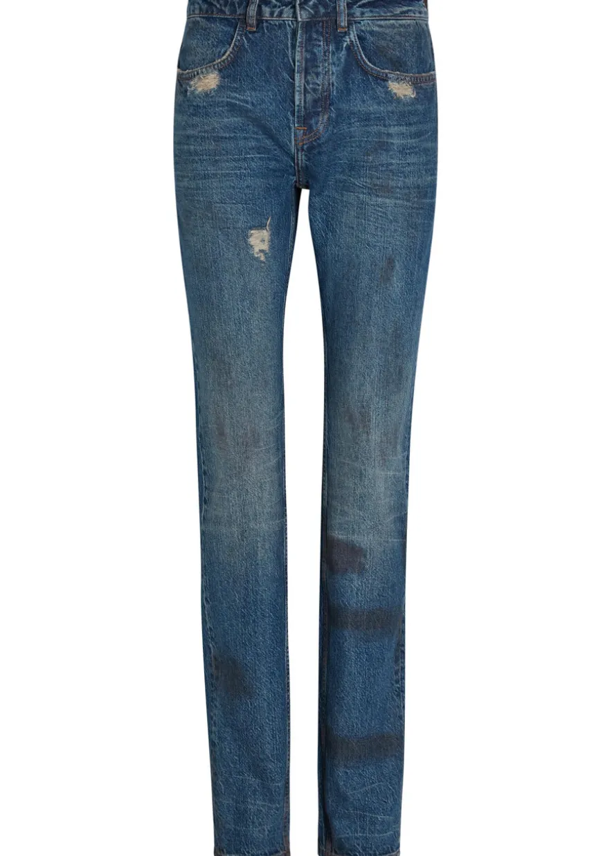Distressed slim straight-leg jeans