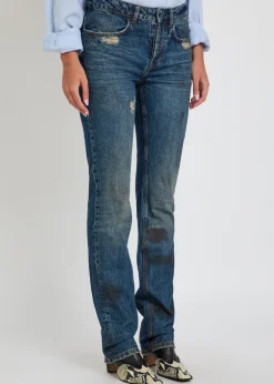 Distressed slim straight-leg jeans