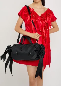 Double Ribbon Rosette nylon top handle bag