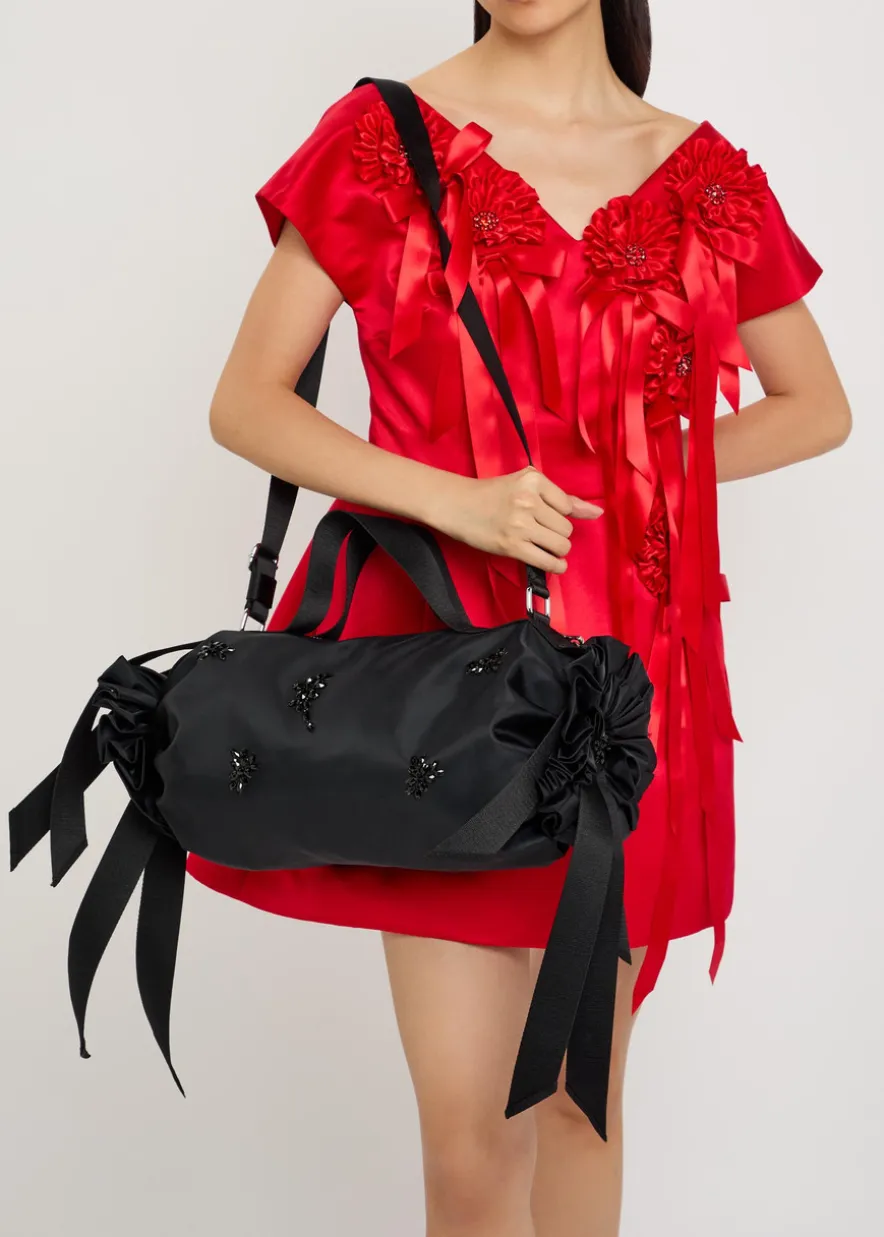 Double Ribbon Rosette nylon top handle bag