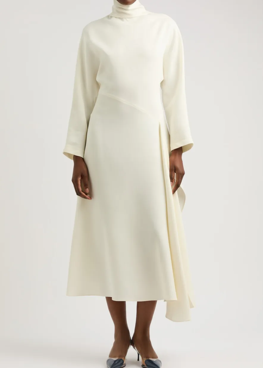 Draped asymmetric silk-blend midi dress
