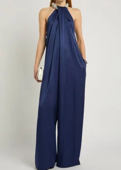 Draped faux pearl-embellished satin jumpsuit