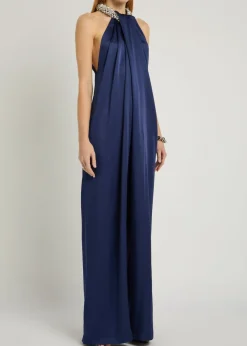 Draped faux pearl-embellished satin jumpsuit