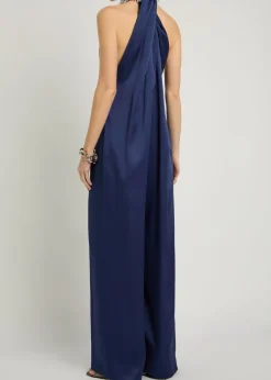 Draped faux pearl-embellished satin jumpsuit