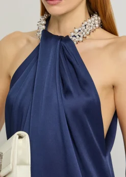 Draped faux pearl-embellished satin jumpsuit