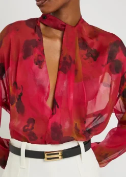 Draped floral silk-chiffon blouse