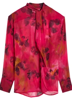 Draped floral silk-chiffon blouse