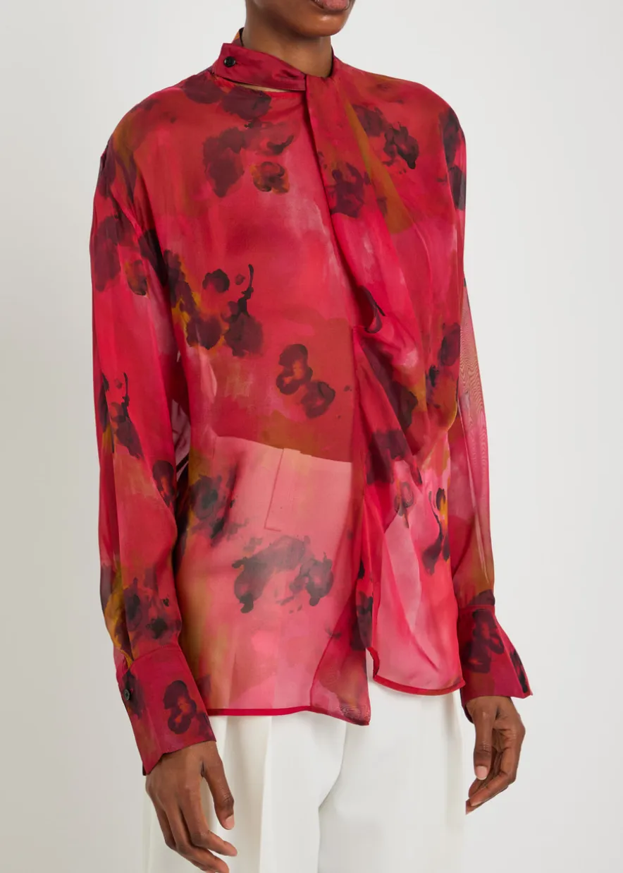 Draped floral silk-chiffon blouse