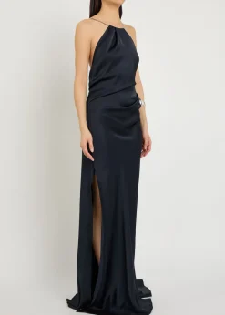 Draped halterneck satin-crepe gown