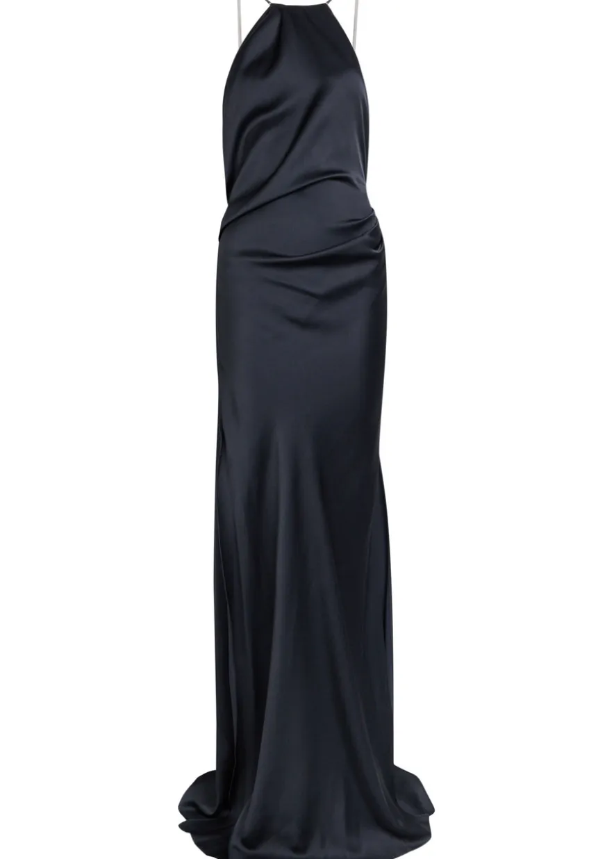Draped halterneck satin-crepe gown
