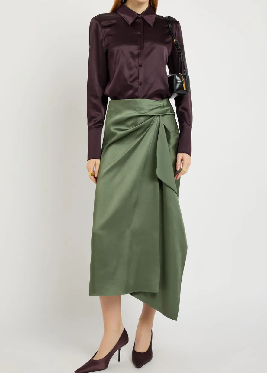 Draped satin midi skirt