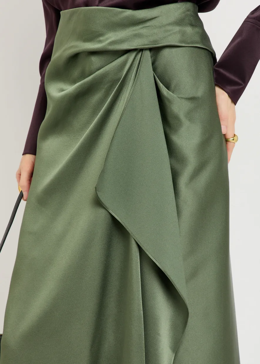 Draped satin midi skirt