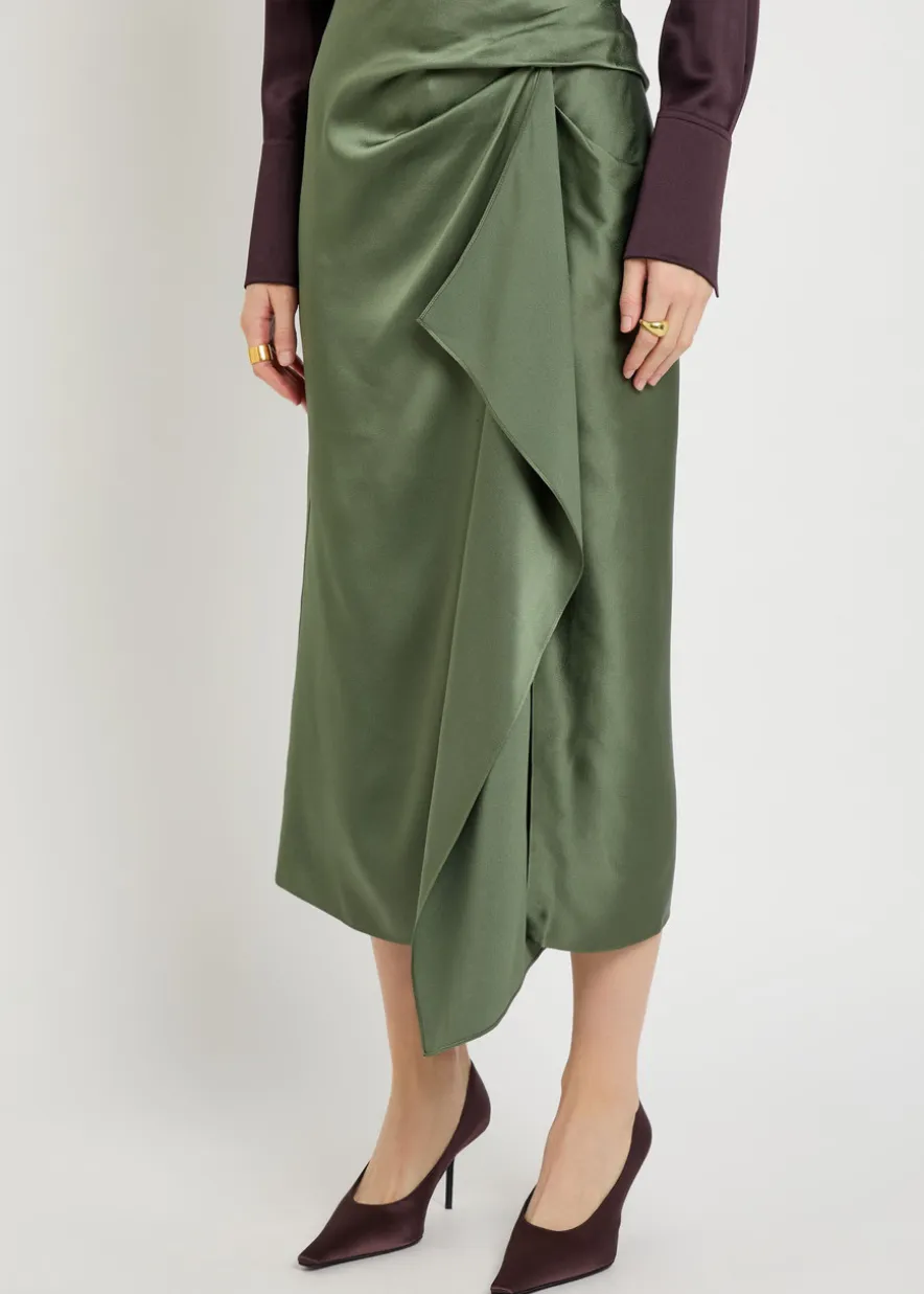 Draped satin midi skirt