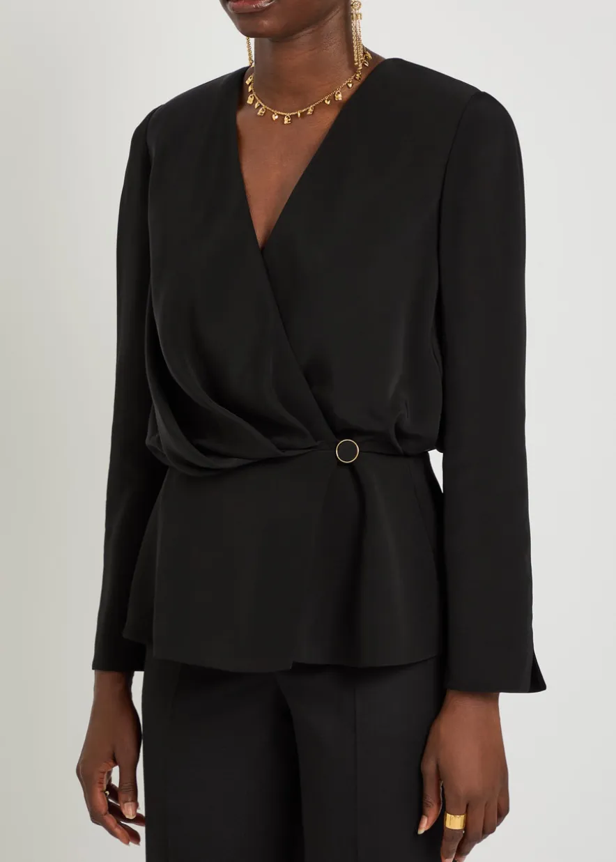 Draped woven wrap blouse