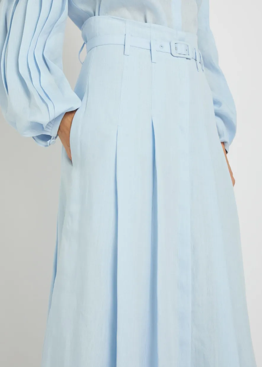 Dugald belted pleated linen midi skirt