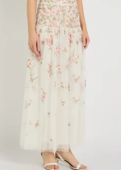 Eden Rose floral-embroidered tulle midi skirt