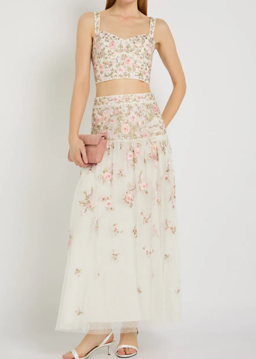 Eden Rose floral-embroidered tulle midi skirt