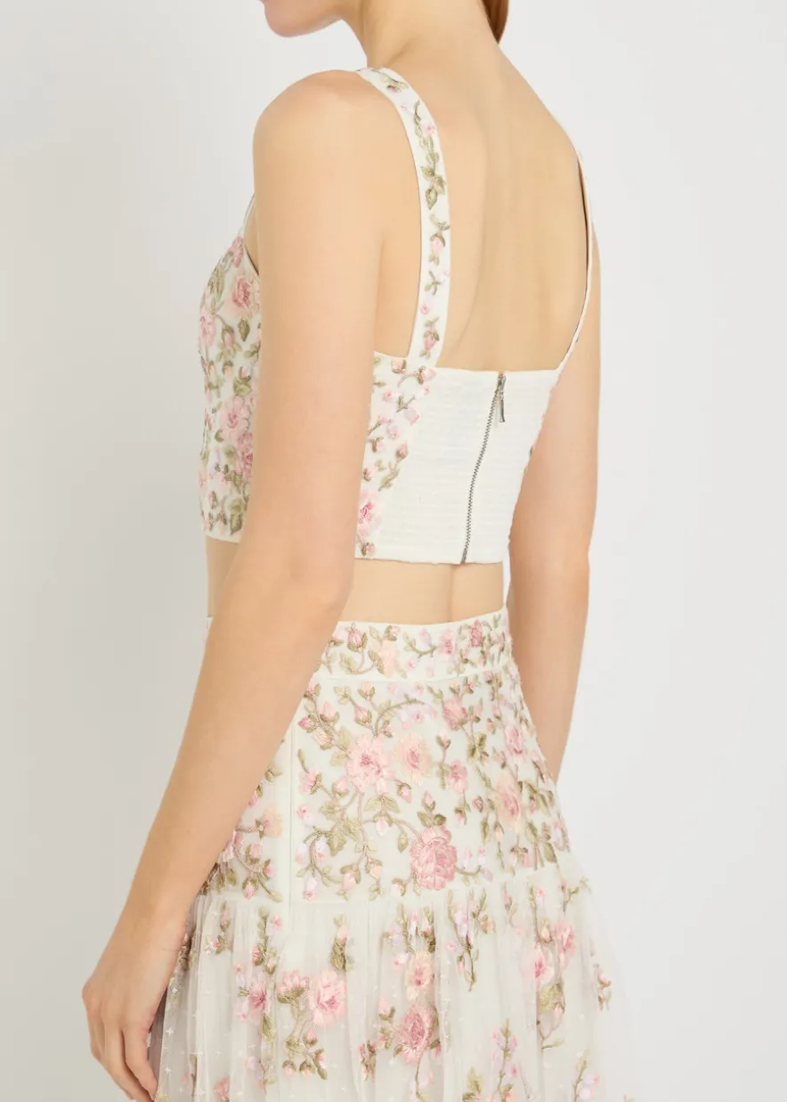 Eden Rose floral-embroidered tulle crop top