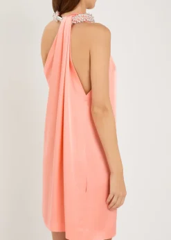 Embellished-choker asymmetric satin mini dress