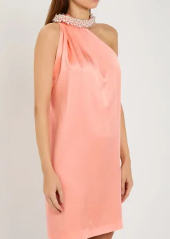 Embellished-choker asymmetric satin mini dress