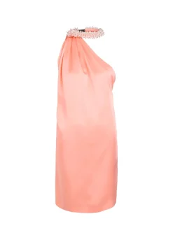 Embellished-choker asymmetric satin mini dress