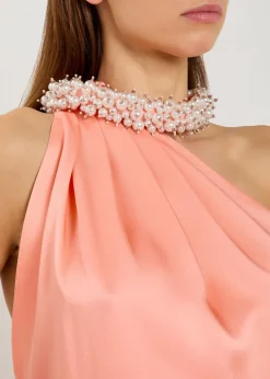 Embellished-choker asymmetric satin mini dress