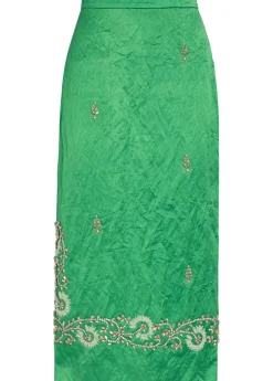 Embellished crinkled satin midi pencil skirt