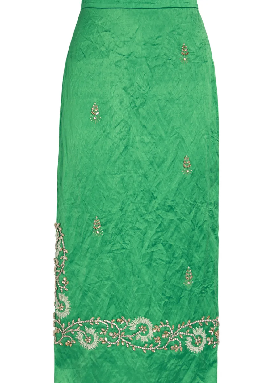 Embellished crinkled satin midi pencil skirt