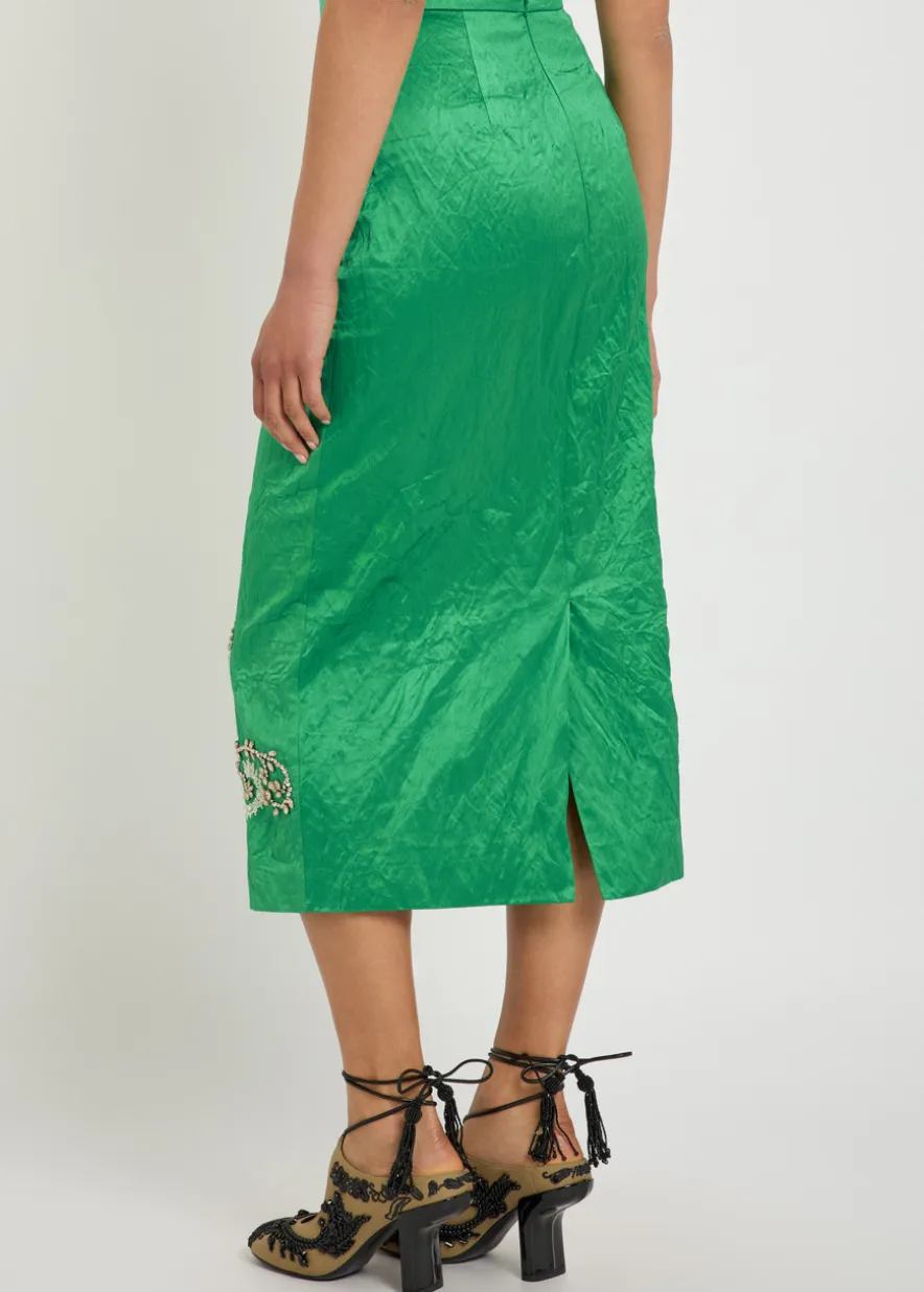 Embellished crinkled satin midi pencil skirt