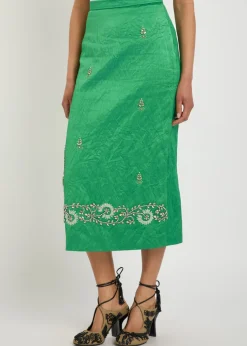 Embellished crinkled satin midi pencil skirt
