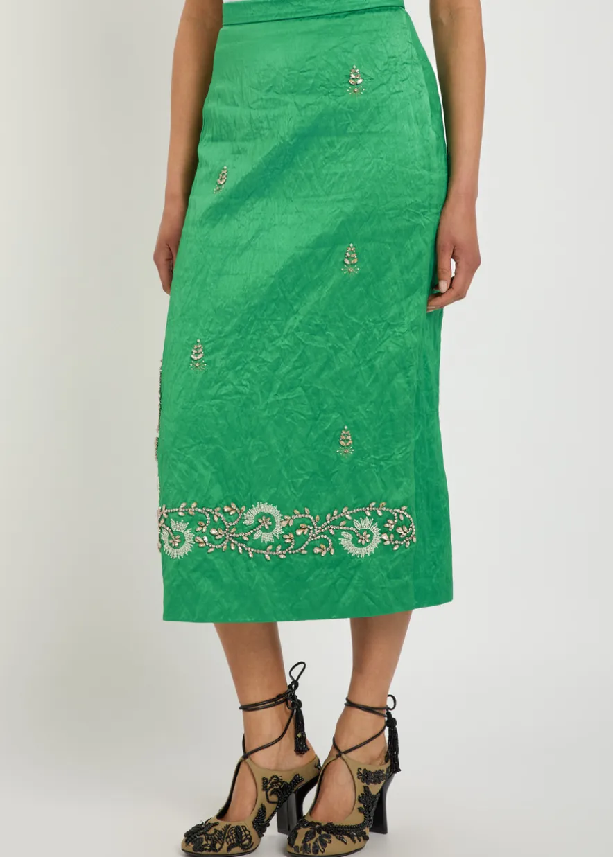 Embellished crinkled satin midi pencil skirt