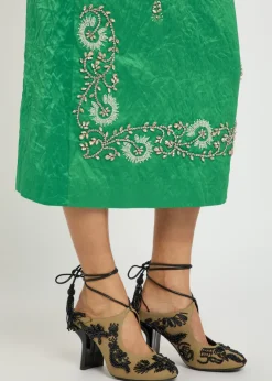 Embellished crinkled satin midi pencil skirt