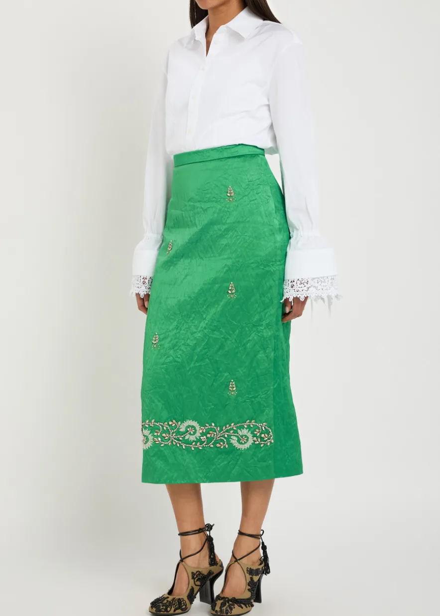 Embellished crinkled satin midi pencil skirt