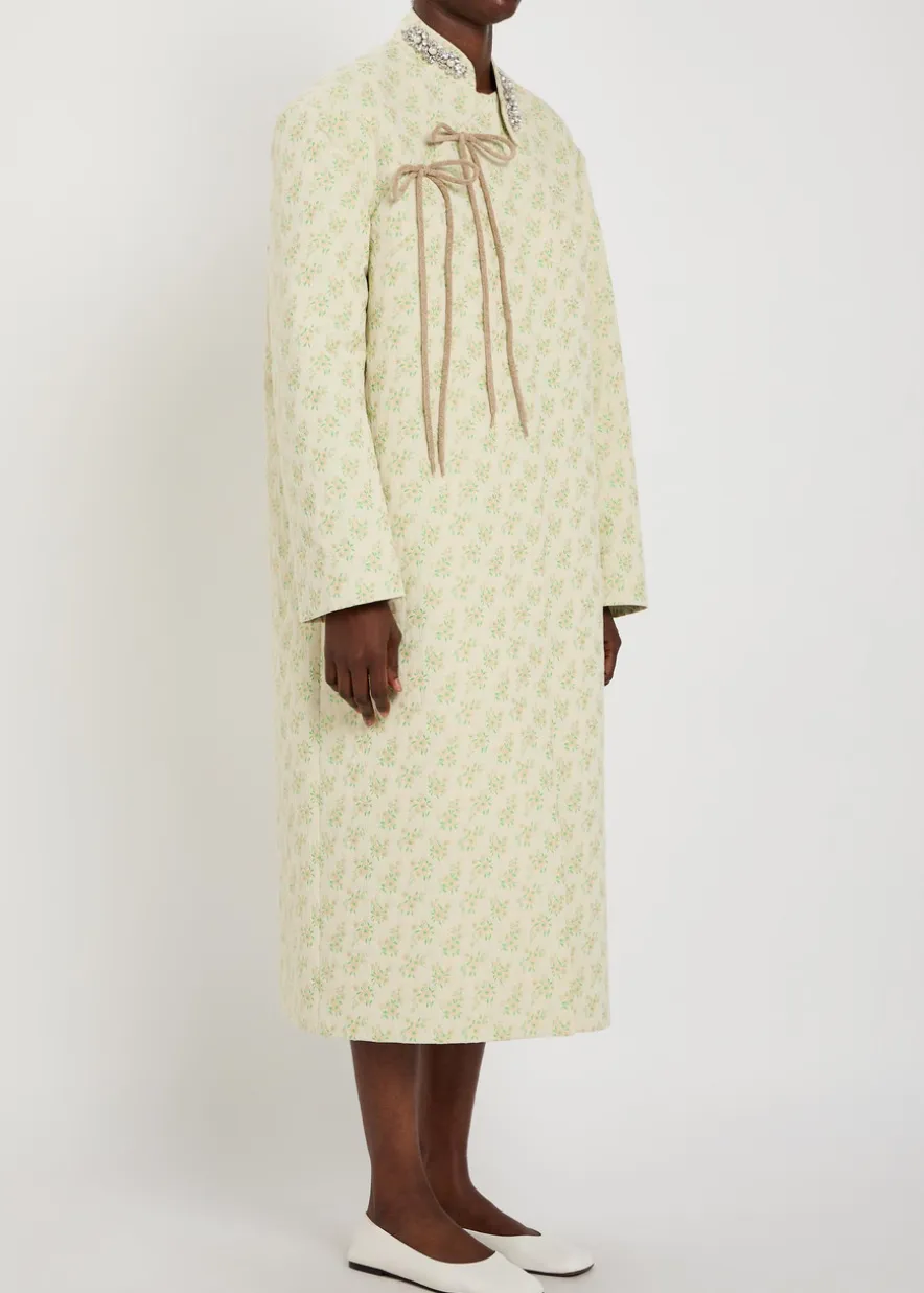 Embellished floral-jacquard cotton-blend coat