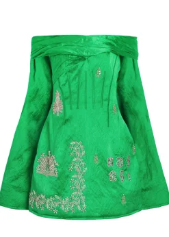 Embellished off-the-shoulder crinkled satin mini dress